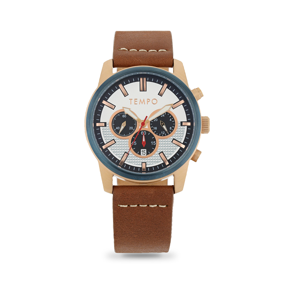 Tempo Men's Navy Blue Dial Brown Leather Watch