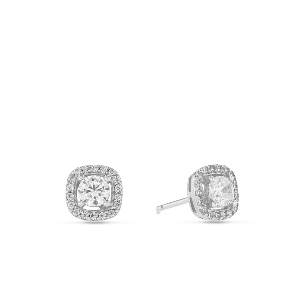 Sterling Silver Cubic Zirconia Pavé Cushion Framed Stud Earrings