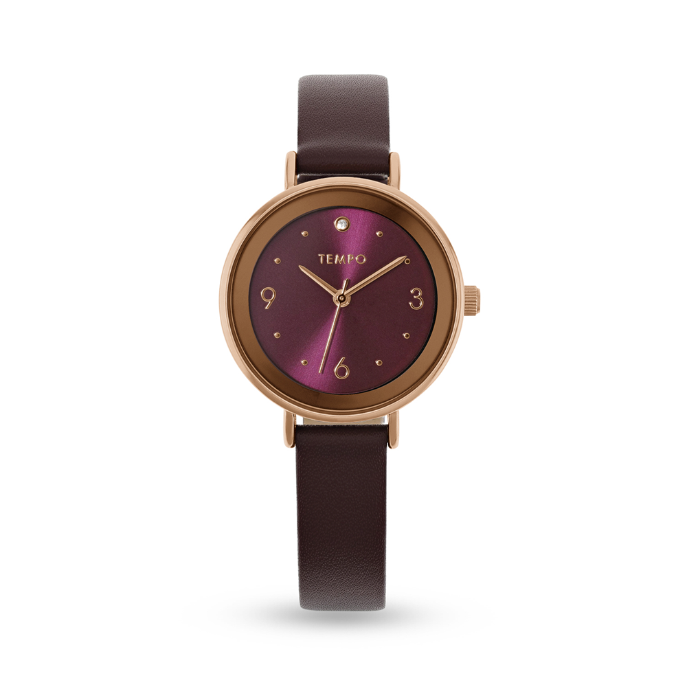 Tempo Ladies Rose Plated Berry Leather Watch