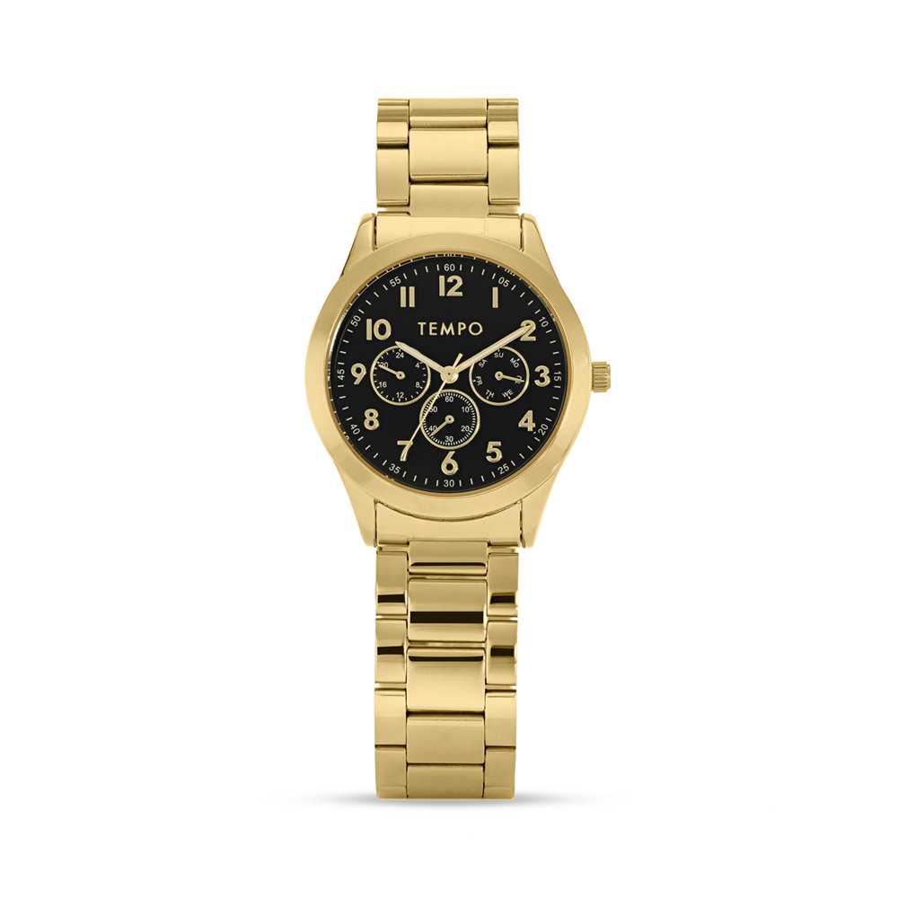 Tempo Gents Gold Toned Analogue Black Multi-Dial Look Watch