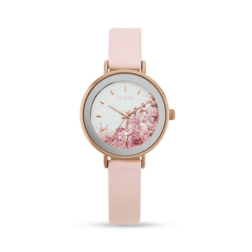 Tempo Ladies Rose Toned Pink Leather Watch With Floral Detail