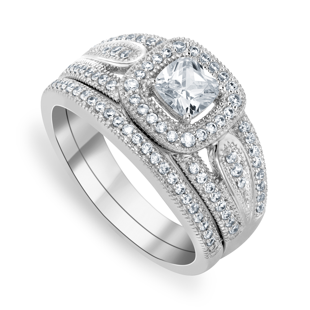 Cheté Sterling Silver Cubic Zirconia Women’s Cushion Halo Twinset Ring
