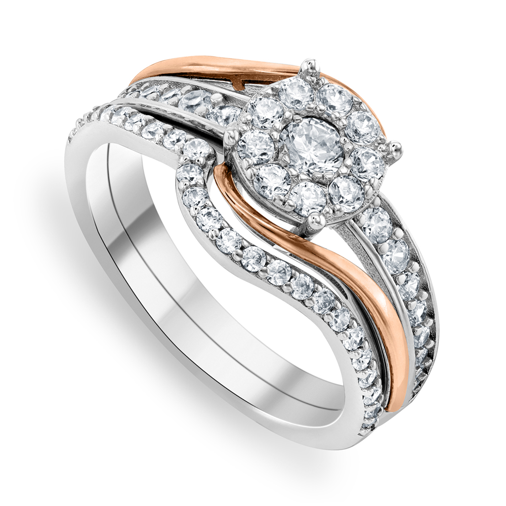 Sterling Silver & Rose Gold Cubic Zirconia  Halo Twinset Ring