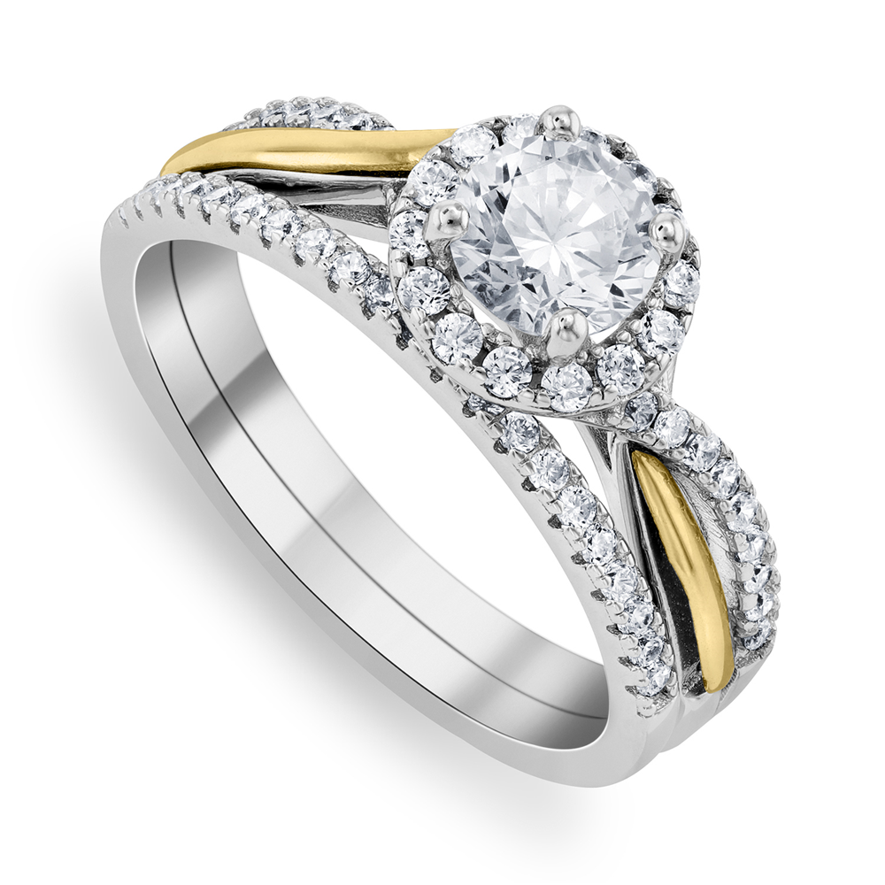 Sterling Silver & Yellow Gold Cubic Zirconia Twist Halo Cubic Zirconia Twinset Ring