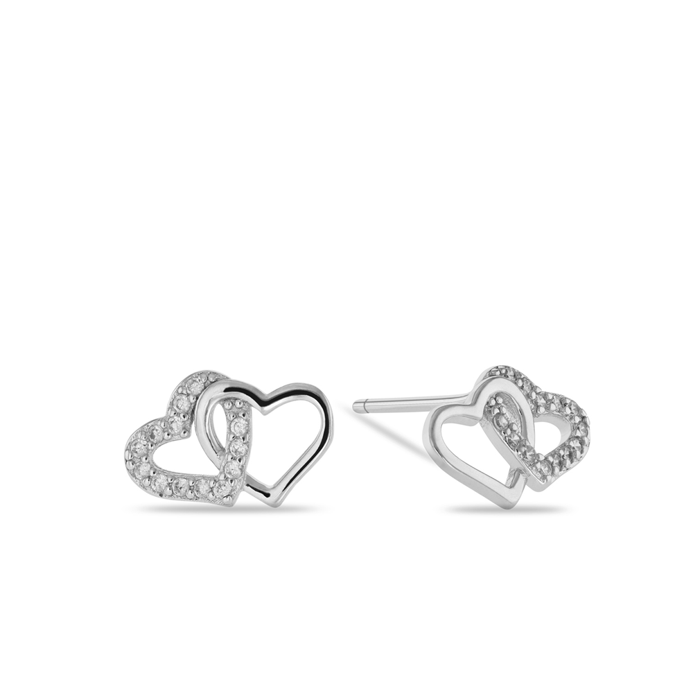 Miss Swiss Sterling Silver Cubic Zirconia Double Heart Stud Earrings