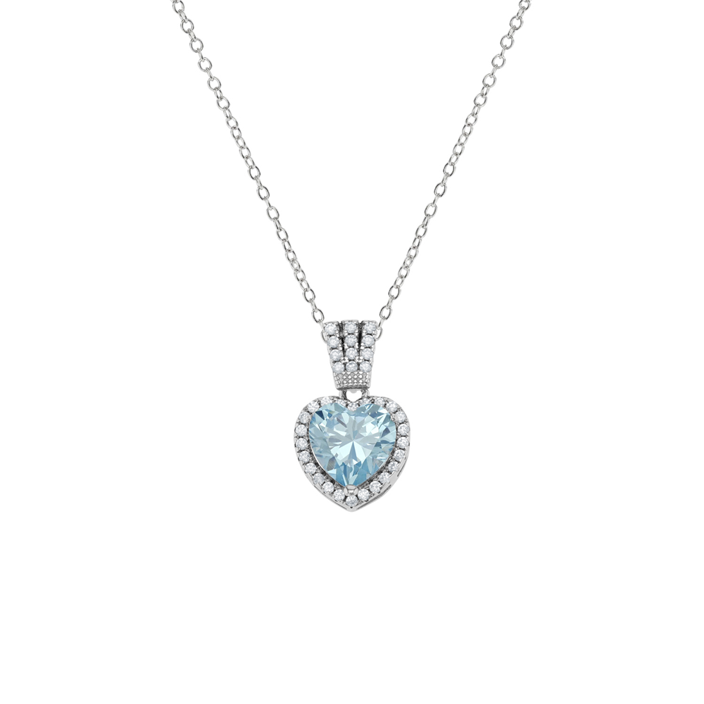 Sterling Silver Aquamarine Cubic Zirconia Heart Halo Pendant