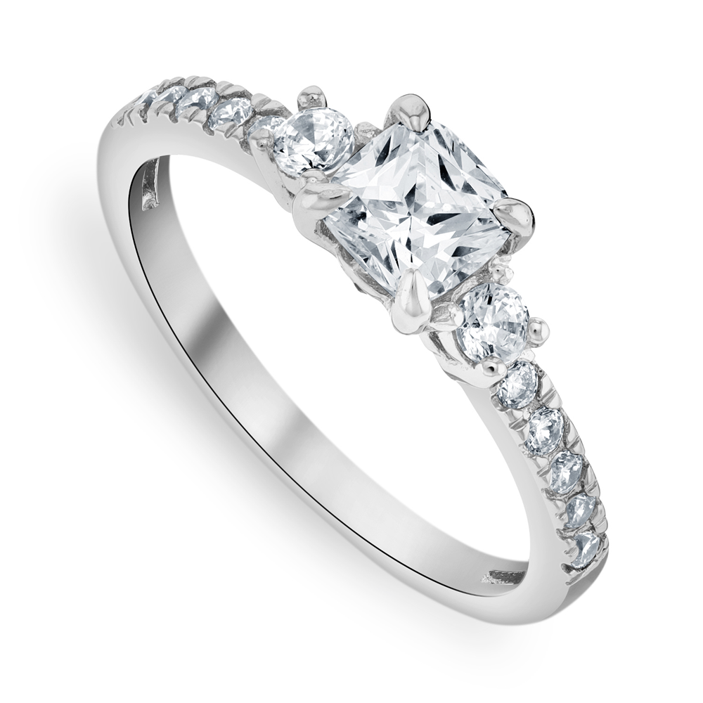 White Gold Moissanite Cushion Trilogy Women’s Ring