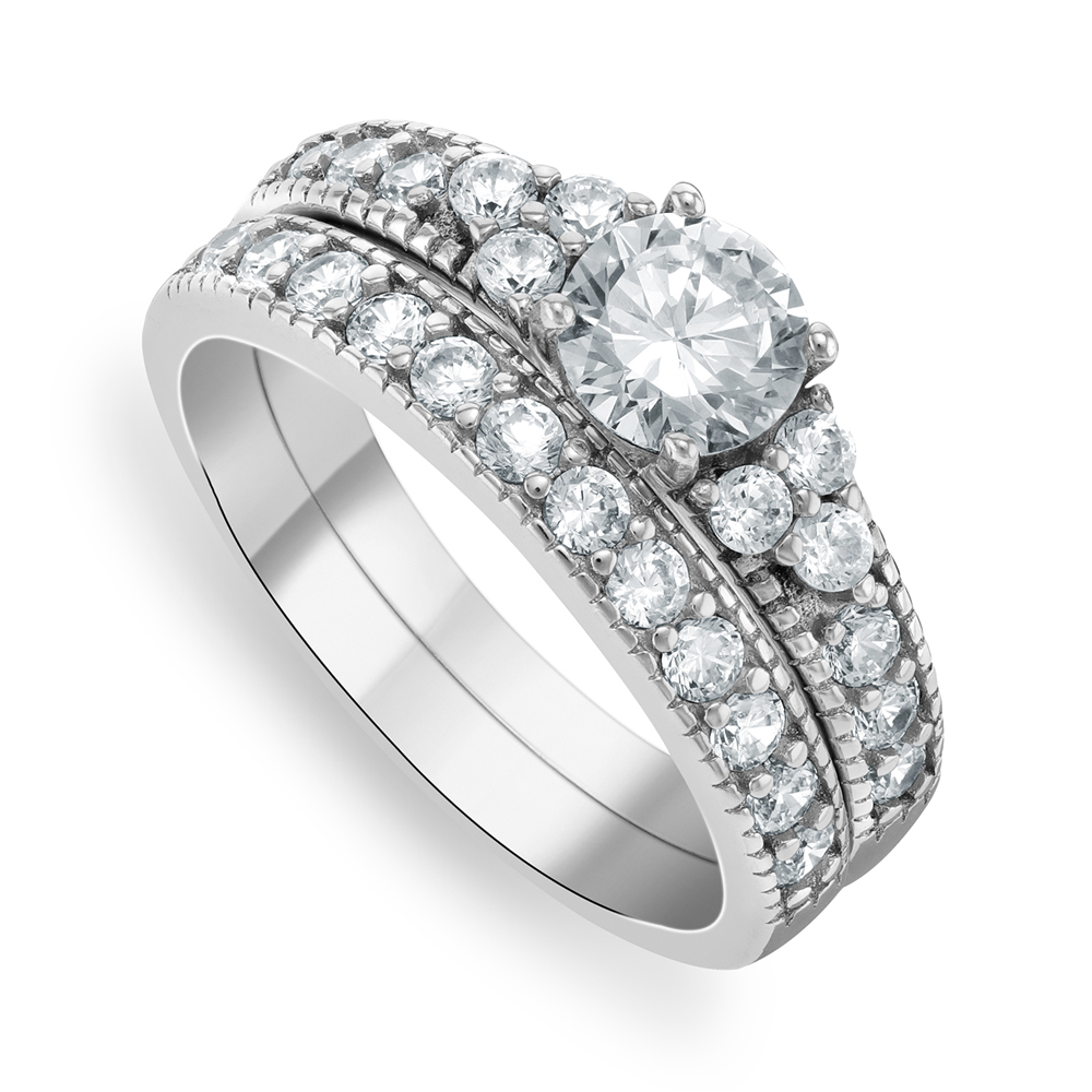 Sterling Silver Cubic Zirconia Vintage Style Solitaire Twinset Ring