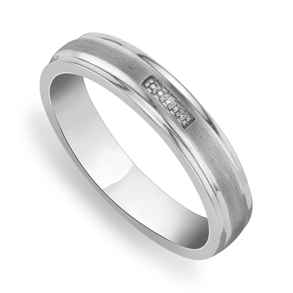 Sterling Silver Diamond Rectangle Matte Stripe Men’s Wedding Band