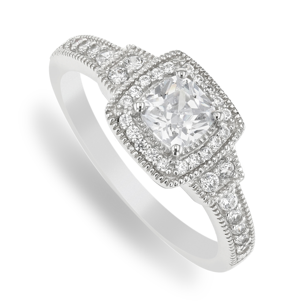 Sterling Silver & Cushion-Cut Cubic Zirconia Halo Ring