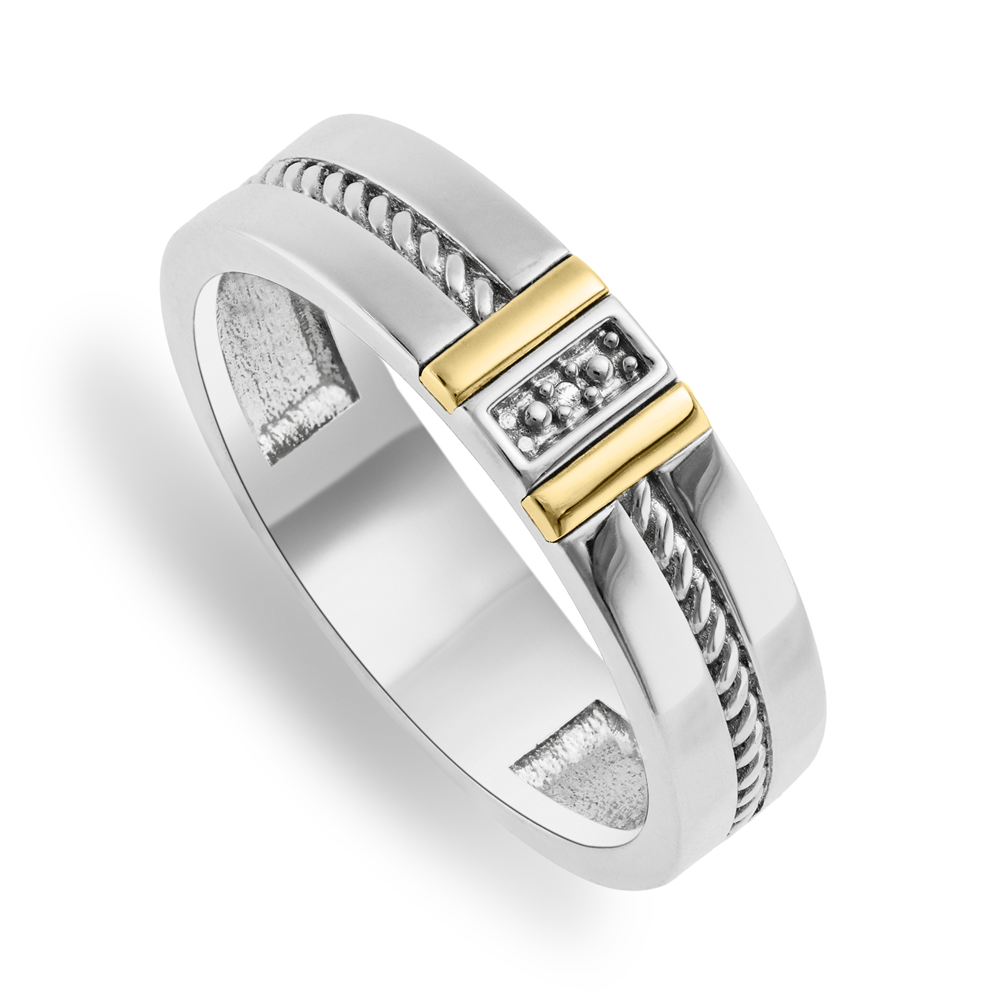 Yellow Gold & Sterling Silver Diamond Rope Detail Men's Wedding Band