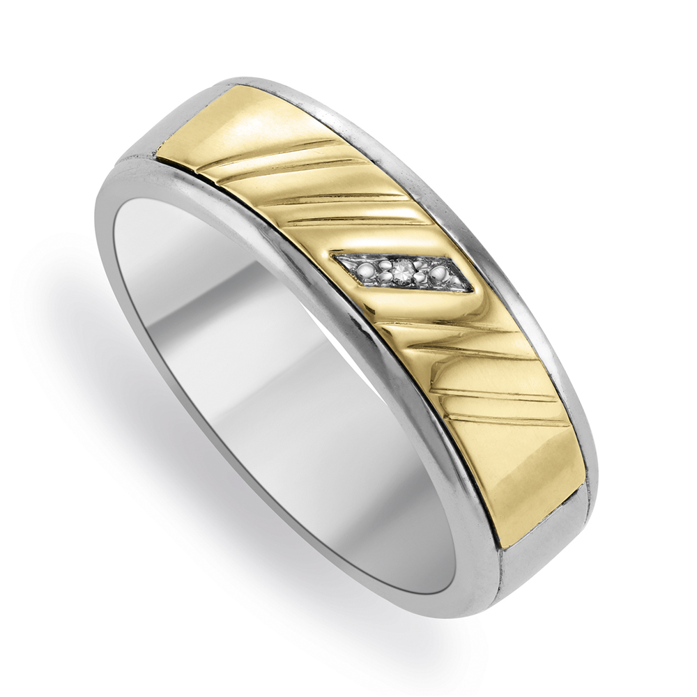 Yellow Gold & Sterling Silver Diamond Diagonal Design Men's Wedding Band
