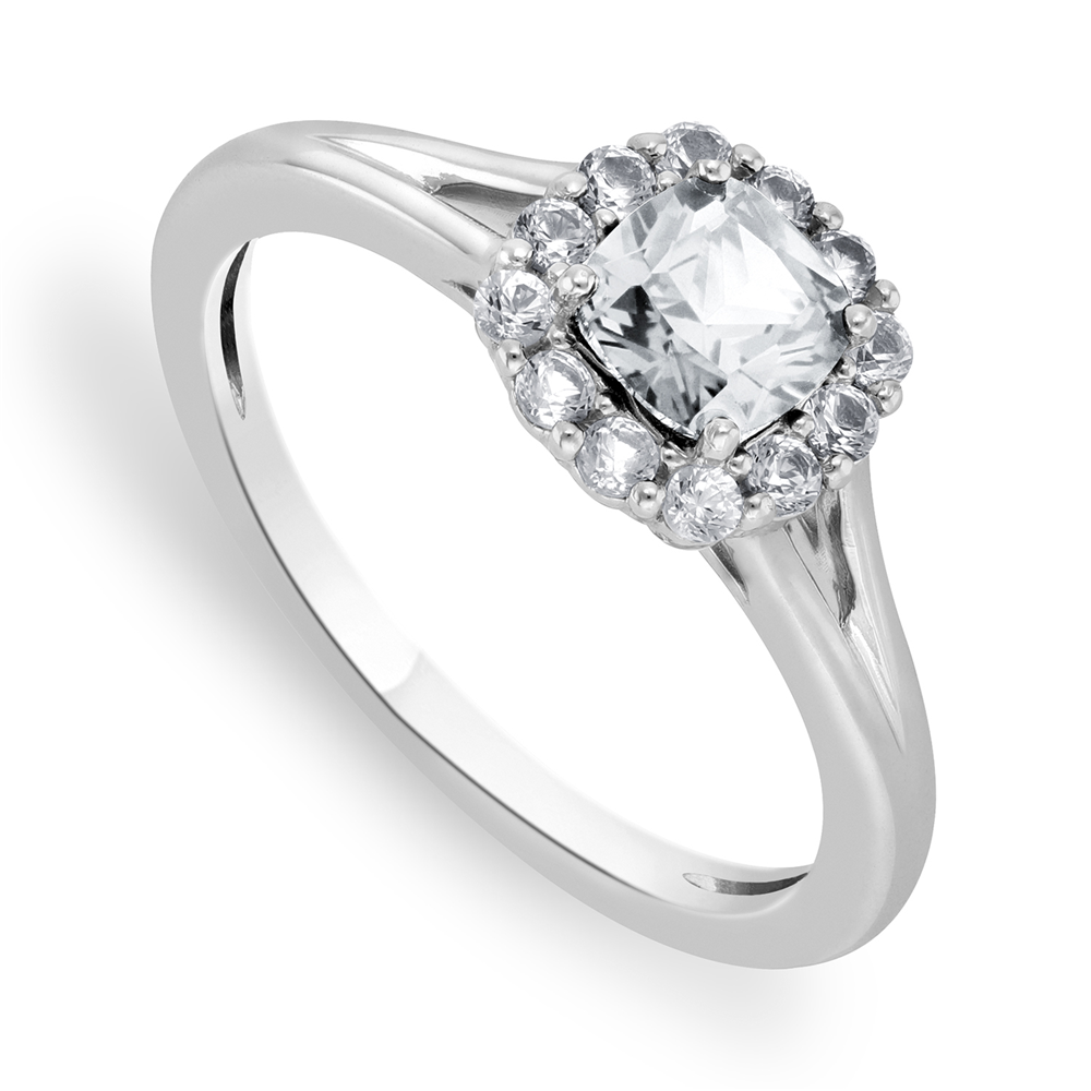 Sterling Silver Diamond & Created White Sapphire Cushion Halo Ring