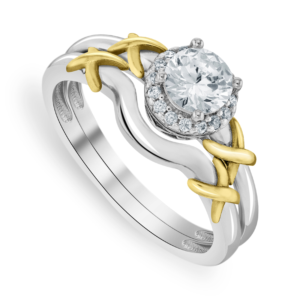 Yellow Gold & Sterling Silver, Cubic Zirconia  Halo Twinset Ring
