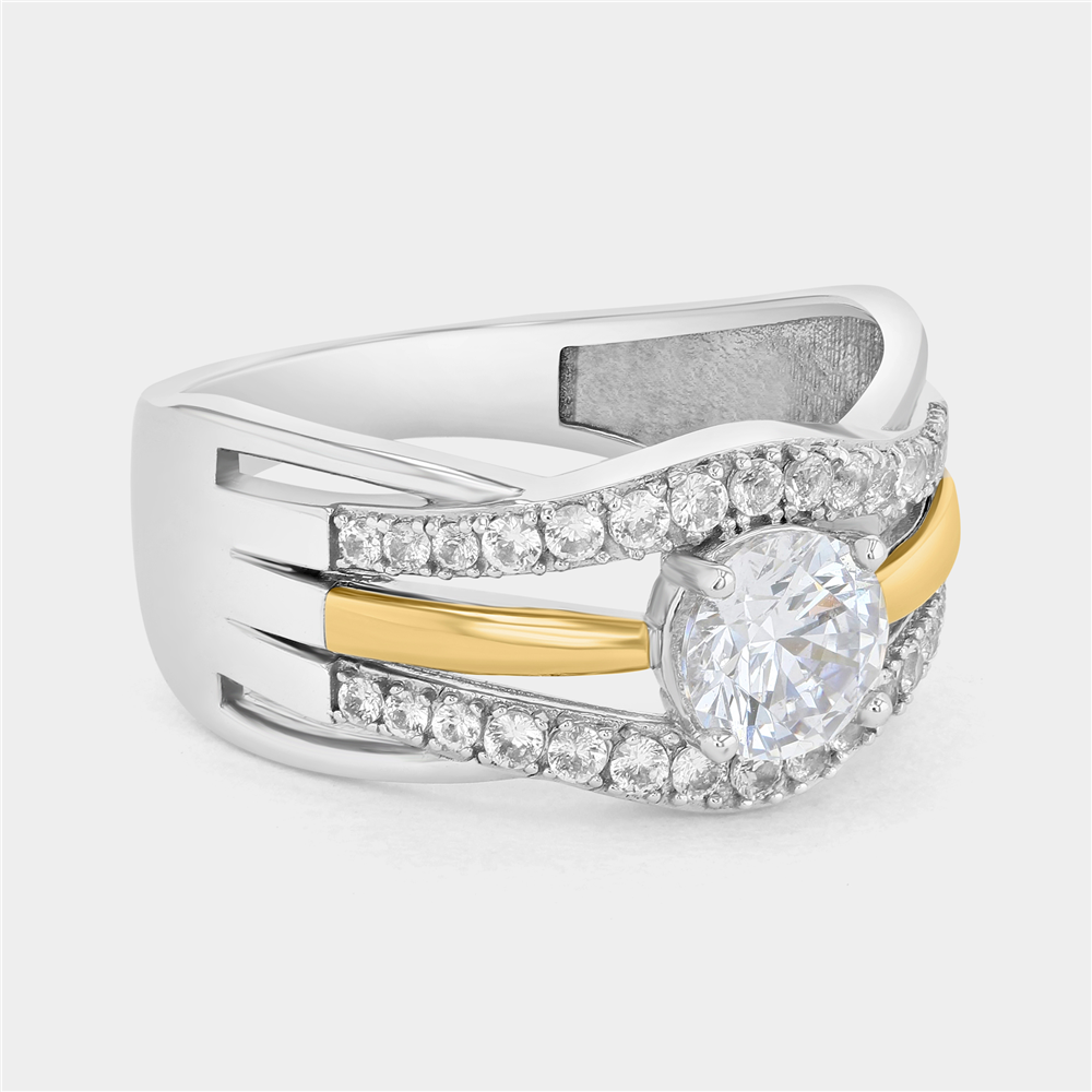 Yellow Gold and Sterling Silver Cubic Zirconia Solitaire Wave Ring 